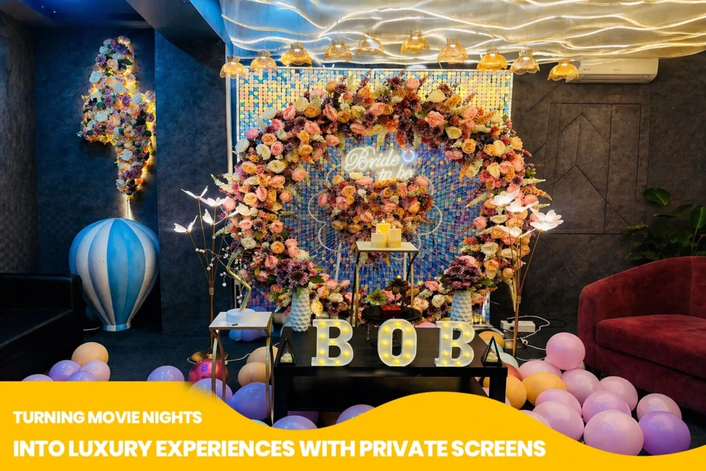 Private luxury movie theater setup with comfortable seating and big screen for an exclusive movie night experience