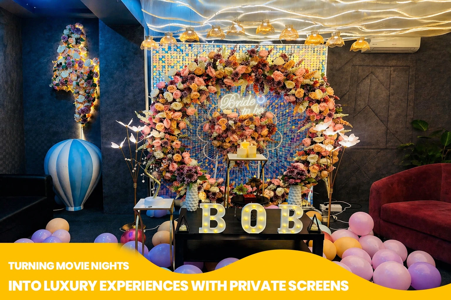 Private luxury movie theater setup with comfortable seating and big screen for an exclusive movie night experience