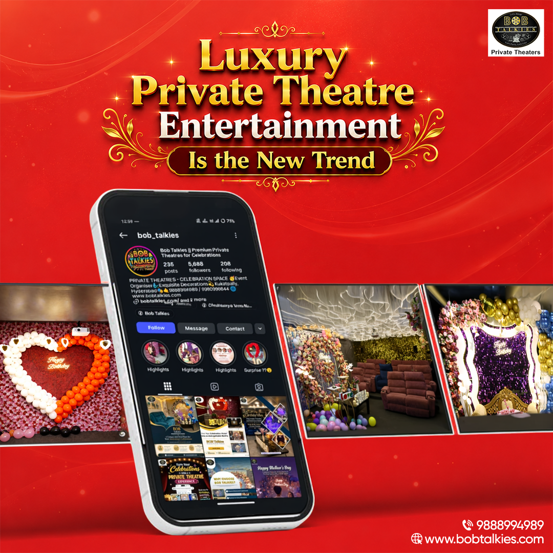Luxury private theatre with premium seating, large screen, romantic ambience, customized decorations, and private entertainment setup for celebrations and gatherings.
