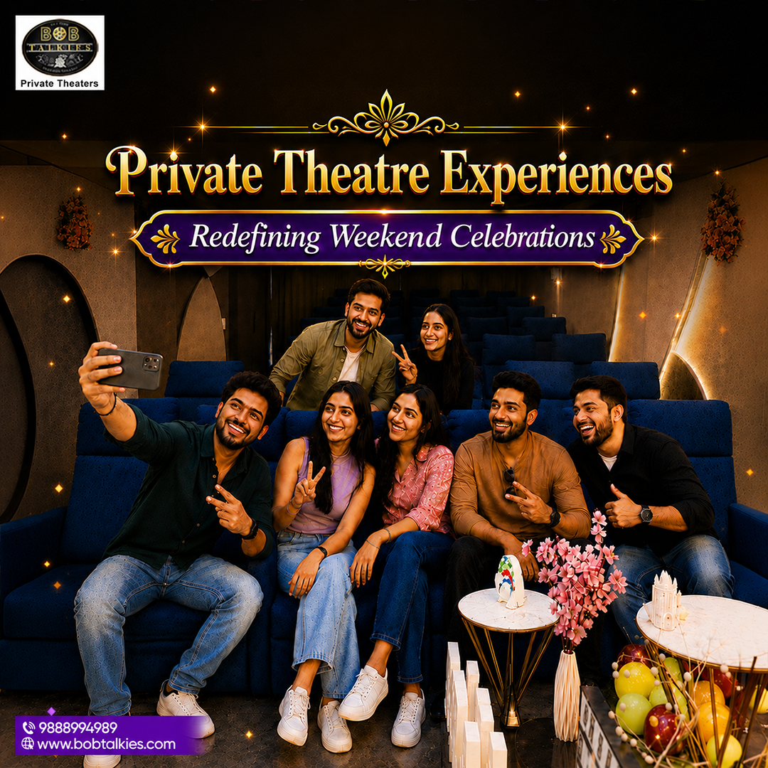 Luxury private theatre setup with premium seating, personalized décor, large screen, cozy ambience, and private entertainment space for celebrations and movie nights.