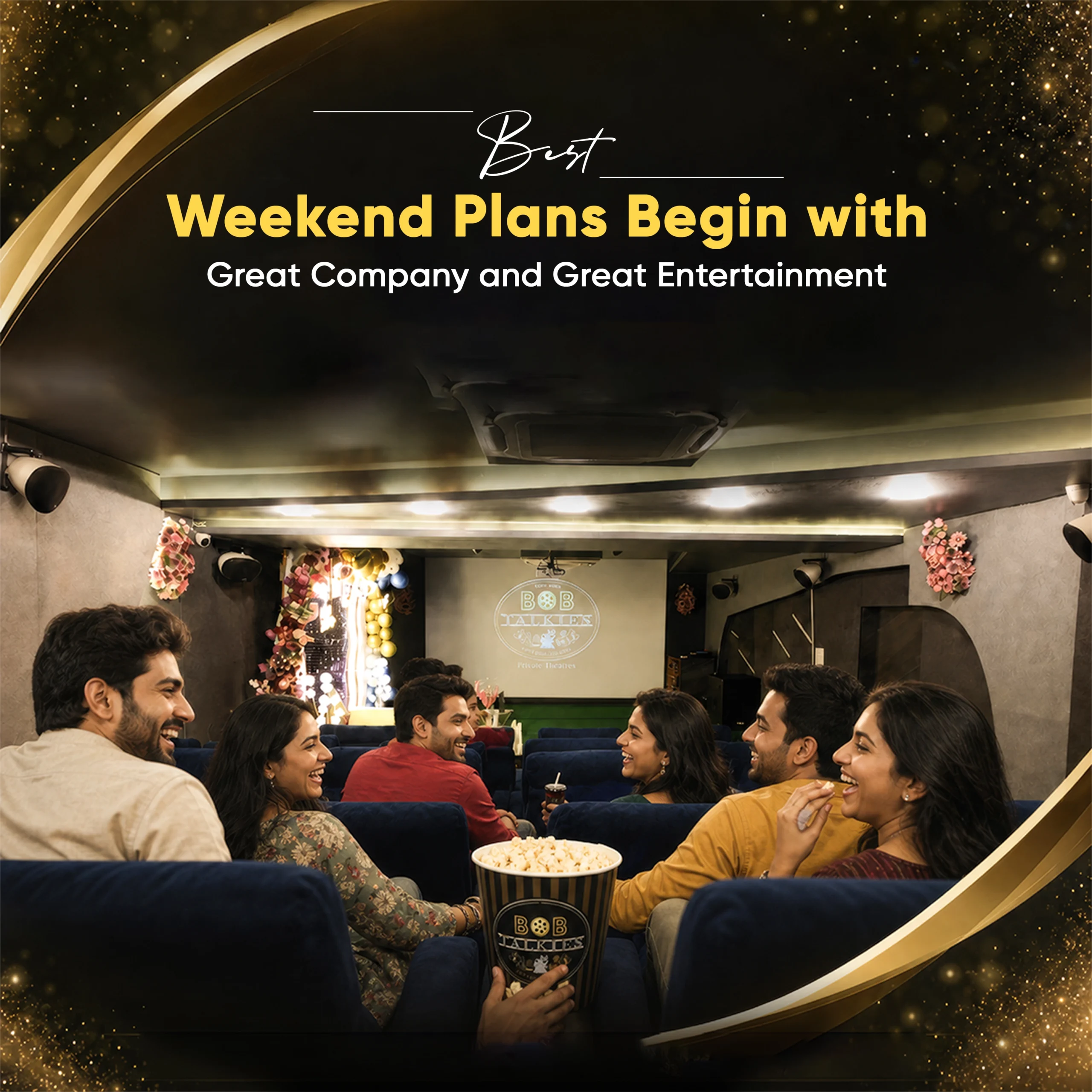 Friends enjoying a private movie night in a luxury home theatre with comfortable recliner seating, popcorn, premium entertainment, and a cozy weekend social gathering.