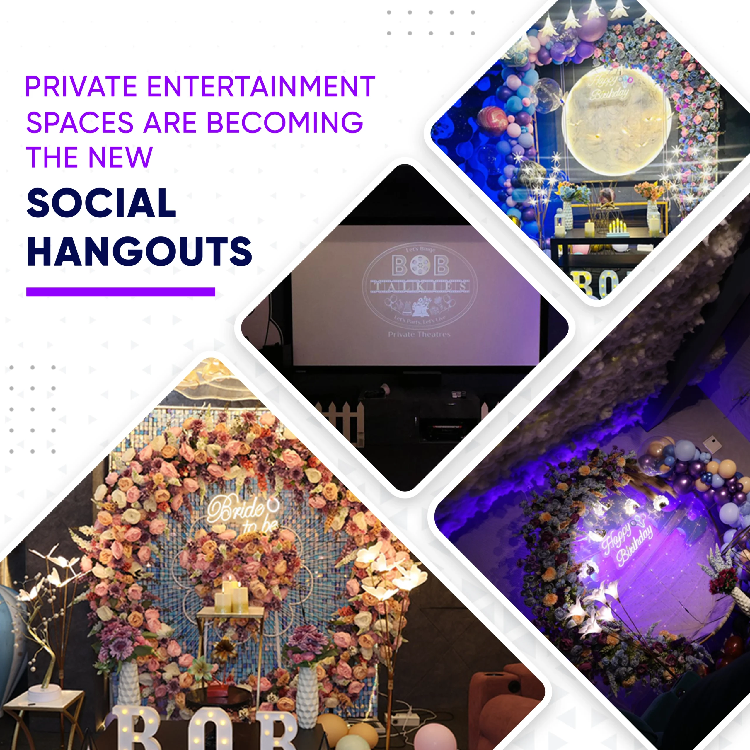 Private entertainment theatre showcasing elegant birthday and bridal celebration décor with premium floral arrangements, projector screen, and luxury seating for intimate gatherings.